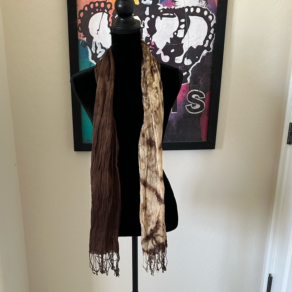 NWT Handmade Bohemian Look Brown & Tan Tie-Dye Gauze Fringe Scarf